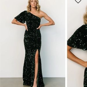 Full length emerald sequin one shoulder gown